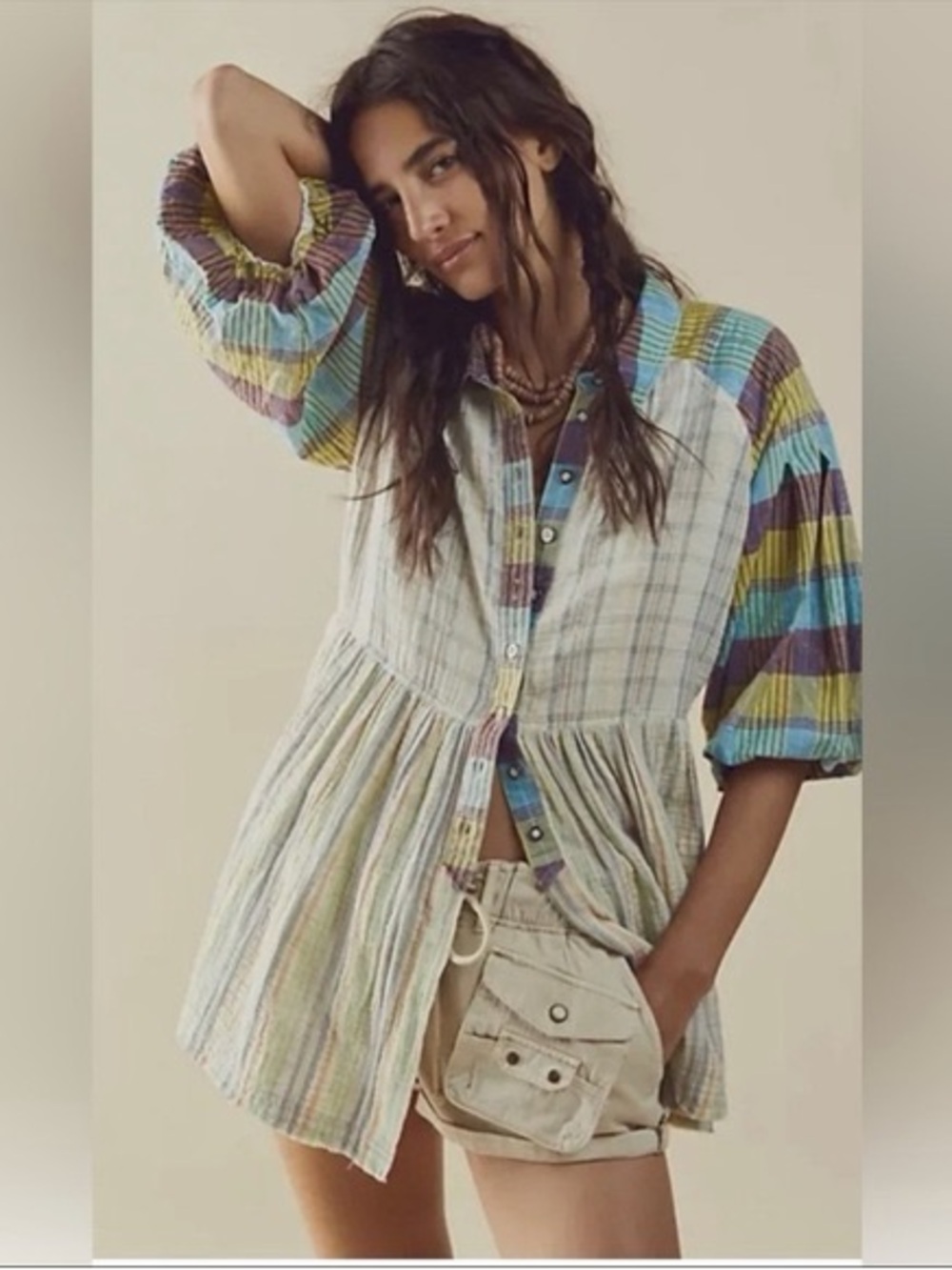 Free People Sunshine Bay Top in Green Plaid size S